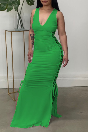 Green Sleeveless Deep V Neck Hollow Out Ruched Side Slit Birthday Party Maxi Dress