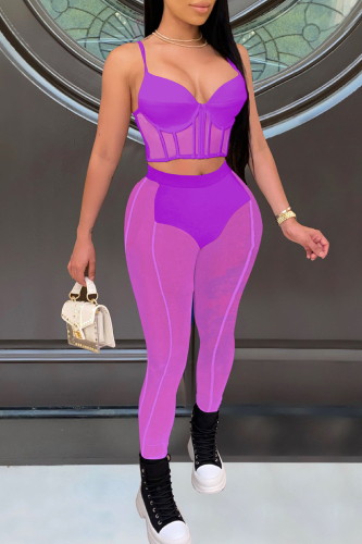 Purple Fashion Sexy Solid Patchwork See-through Backless Spaghetti Strap Sleeveless Two Pieces
