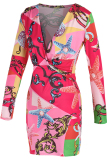 Red Fashion Sexy Print Patchwork V Neck Long Sleeve Dresses