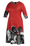 Red Fashion Casual Print Basic O Neck Plus Size Dresses