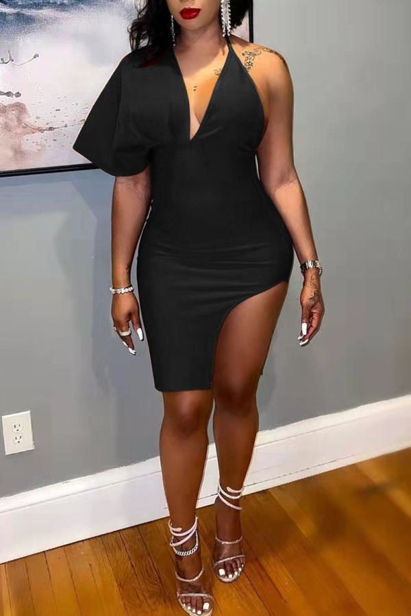 Black Sexy Solid Patchwork Backless Asymmetrical Irregular Dress Dresses