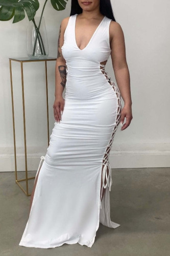 White Sleeveless Deep V Neck Hollow Out Ruched Side Slit Birthday Party Maxi Dress
