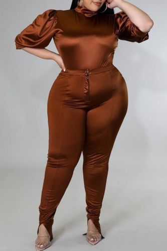 Coffee Casual Solid Patchwork Half A Turtleneck Plus Size Two Pieces