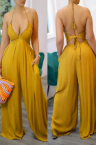 Earth Yellow Sexy Solid Split Joint Halter Straight Jumpsuits