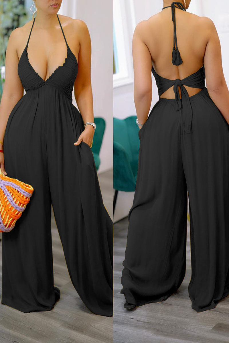 Wholesale Earth Yellow Sexy Solid Patchwork Halter Straight Jumpsuits ...