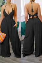 Black Sexy Solid Split Joint Halter Straight Jumpsuits