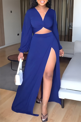 Blue Fashion Casual Solid Slit V Neck Long Sleeve Two Pieces