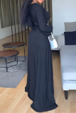 Black Fashion Casual Solid Slit V Neck Long Sleeve Two Pieces