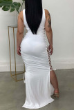 White Sexy Solid Bandage Hollowed Out Patchwork Slit V Neck Straight Dresses