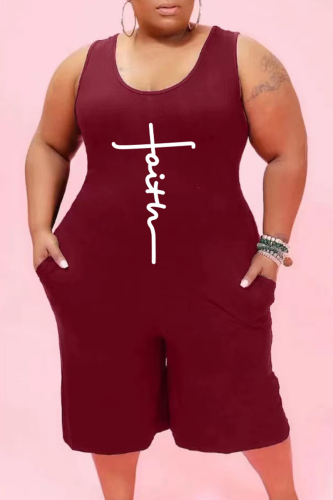 Burgundy Fashion Casual Print Basic O Neck Plus Size Jumpsuits