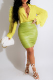 Yellow Fashion Casual Solid Patchwork Buckle Feathers Turndown Collar Tops