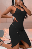 Black Sexy Solid Buckle Spaghetti Strap Irregular Dress Dresses