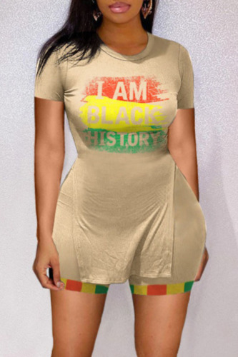 Light Yellow Casual Print Patchwork Slit O Neck Short Sleeve Two Pieces