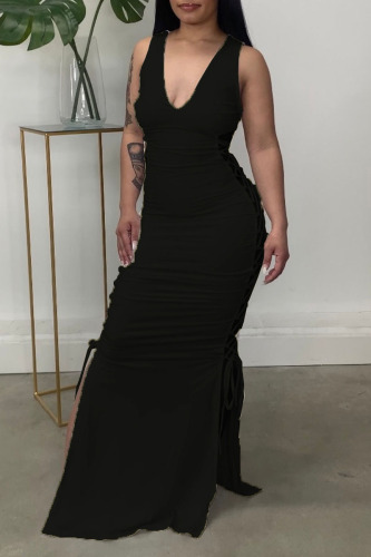 Black Sleeveless Deep V Neck Hollow Out Ruched Side Slit Birthday Party Maxi Dress