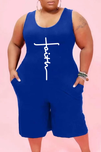 Blue Fashion Casual Print Basic O Neck Plus Size Jumpsuits