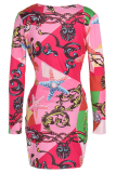 Red Fashion Sexy Print Patchwork V Neck Long Sleeve Dresses