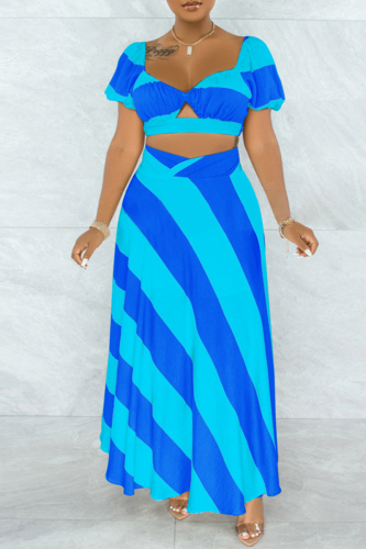 Blue Fashion Casual Print Hollowed Out Backless V Neck Short Sleeve Two Pieces