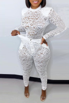 White Sexy Turtleneck Perspective Lace Two-Piece Set