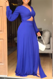 Blue Fashion Casual Solid Slit V Neck Long Sleeve Two Pieces