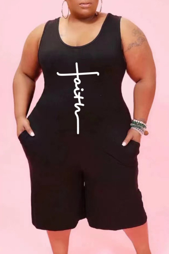 Black Fashion Casual Print Basic O Neck Plus Size Jumpsuits