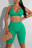 Green Casual Sportswear Solid Basic V Neck Sleeveless Two Pieces