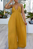 Earth Yellow Sexy Solid Patchwork Halter Straight Jumpsuits