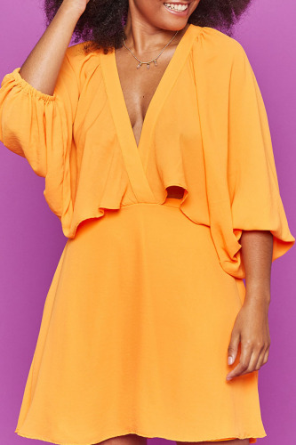 Yellow Elegant Solid Hollowed Out Patchwork Asymmetrical V Neck Dresses