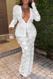 White Casual Solid Lace V Neck Regular Jumpsuits