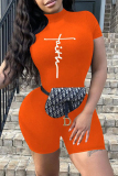 Orange Fashion Casual Print Basic Turtleneck Skinny Rompers