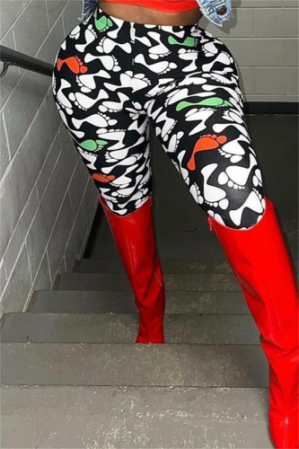 Black White Fashion Casual Print Basic Skinny High Waist Pencil Trousers