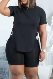 Black Fashion Casual Solid Bandage O Neck Short Sleeve Two Pieces