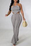 Grey Sexy Casual Solid Bandage Backless Halter Sleeveless Two Pieces