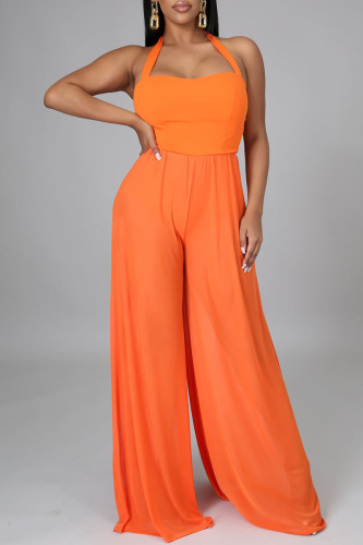 Tangerine Red Sexy Solid Patchwork Halter Regular Jumpsuits