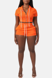 Orange Fashion Casual Solid Basic Hooded Collar Short Sleeve Two Pieces