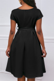 Black Fashion Casual Solid With Belt V Neck Short Sleeve Dress