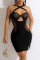 Black Sexy Patchwork Hot Drilling Hollowed Out Backless V Neck Sleeveless Dress