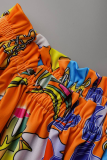 Tangerine Red Casual Print Patchwork Off the Shoulder Cake Skirt Dresses