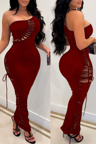 Burgundy Sexy Solid Ripped Hollowed Out Patchwork Oblique Collar Pencil Skirt Dresses