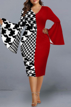 Red Fashion Casual Print Slit V Neck Long Sleeve Plus Size Dresses