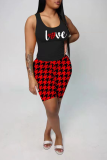 Red Casual Print Patchwork Letter U Neck Sleeveless Two Pieces