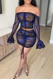 Blue Black Fashion Sexy Print See-through Backless Off the Shoulder Long Sleeve Two Pieces