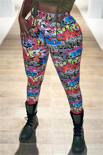 Colour Fashion Casual Print Basic Skinny High Waist Pencil Trousers