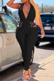 Black Fashion Sexy Solid Hollowed Out Backless V Neck Skinny Jumpsuits