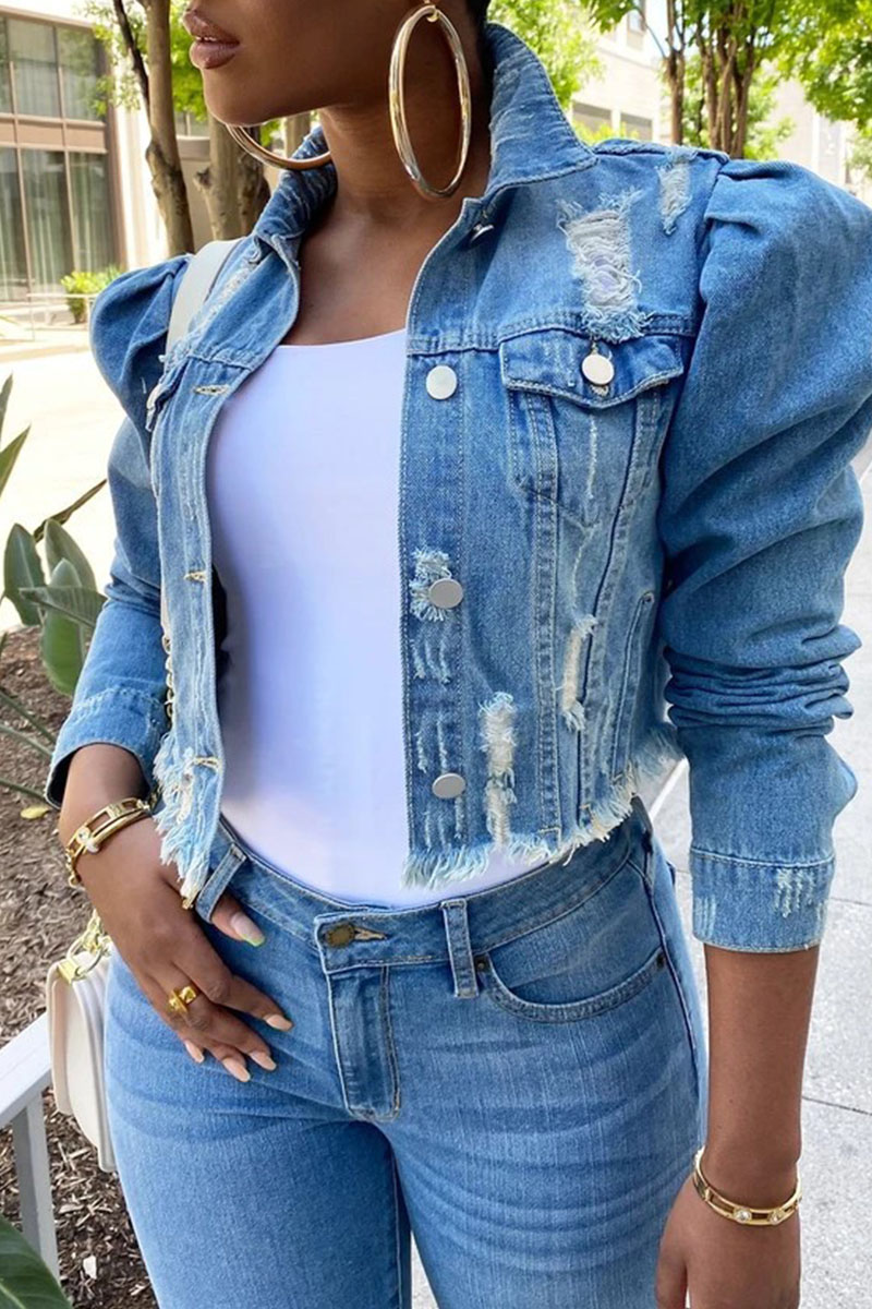 Distressed Denim Patchwork Jacket with Lapel Collar - Blue main image 1