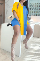 Yellow And Blue Casual Solid Patchwork Slit V Neck Short Sleeve Two Pieces