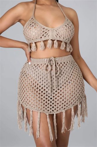 Khaki Fashion Sexy Solid Tassel Bandage Hollowed Out Backless Swimwears (Without Paddings)