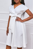 White Fashion Casual Solid With Belt V Neck Short Sleeve Dress