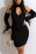 Black Fashion Sexy Solid Hollowed Out Backless Turtleneck A Line Dresses (With Sleeves)