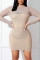 Apricot Fashion Sexy Patchwork Hot Drilling See-through Half A Turtleneck Long Sleeve Dresses