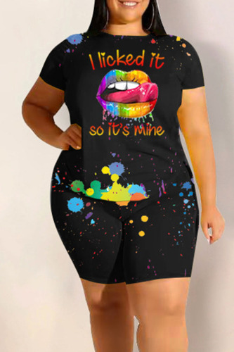 Black Casual Street Print Patchwork O Neck Plus Size Two Pieces